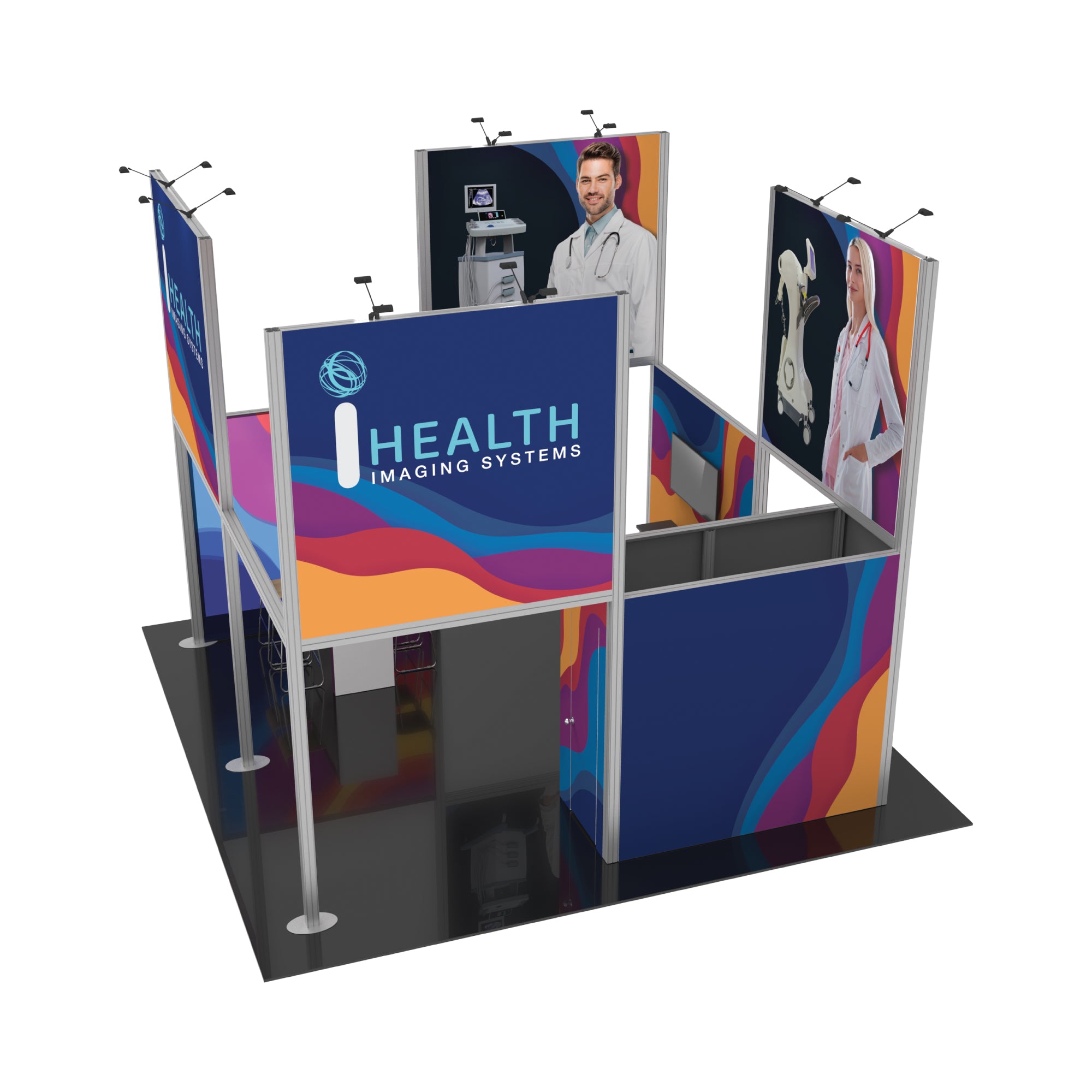 Modular trade show booth with medical imaging system branding and large graphic panels showcasing healthcare professionals