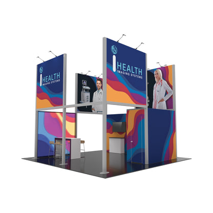 Modular trade show display booth with healthcare branding, graphics, seating, and monitor setup for exhibitions