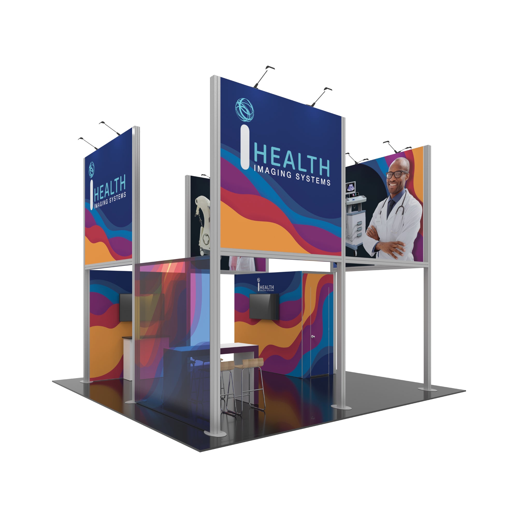 Modular trade show booth with large branded panels and meeting area for exhibitions and events