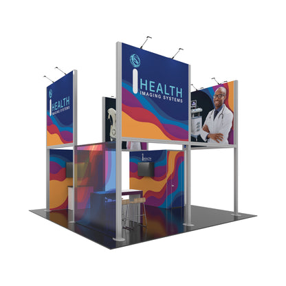 Modular trade show booth with large branded panels and meeting area for exhibitions and events