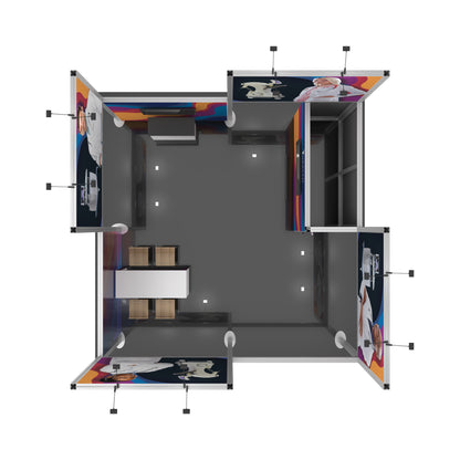Top view of modular trade show booth with display walls, lighting, table, and chairs for exhibitions and events