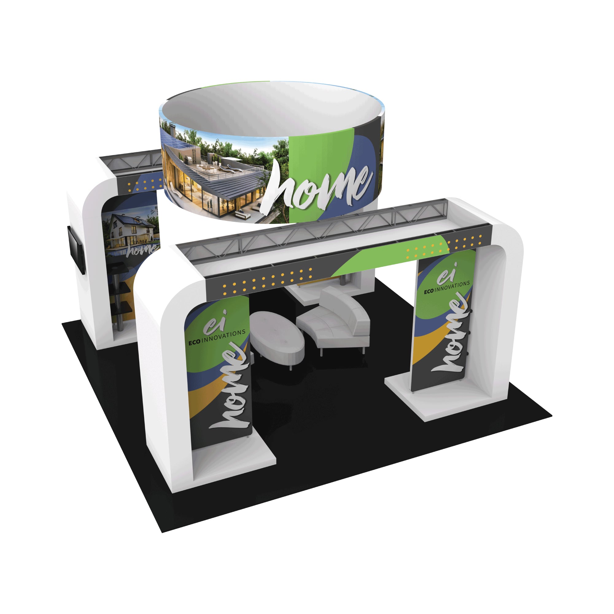 Modular trade show booth with branded panels and seating area for exhibitions and special events