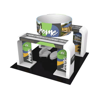 Modular trade show booth with branded graphics, seating area, and overhead circular display for exhibitions