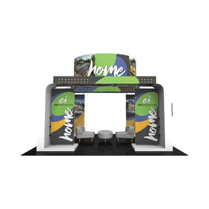 Modular trade show booth with seating area and branded Eco Innovations home displays for exhibitions