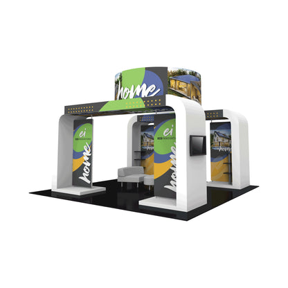 Modular trade show exhibit booth with branded panels, seating area, and display screens for exhibitions