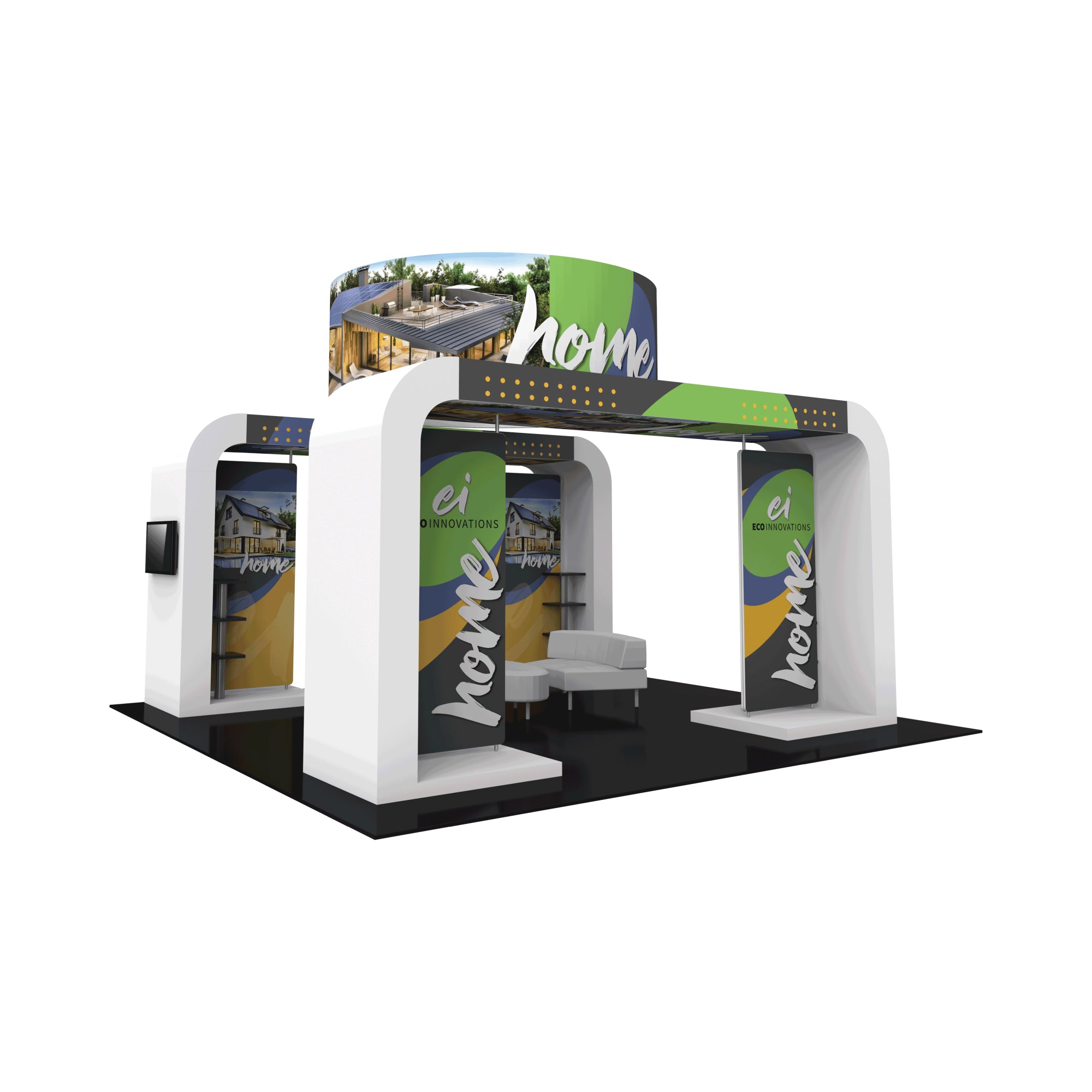 Modular trade show booth with branded graphic panels, seating area, and overhead display for exhibitions