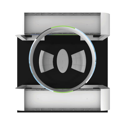Overhead view of modular trade show booth with oval table, seating, and large circular display frame