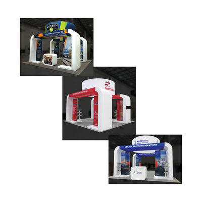 Modular trade show booths with branded signage and open structures for exhibitions and special events