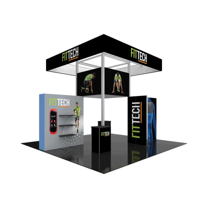 Trade show booth with FITTECH branding showcasing fitness wearable and athlete images for exhibitions and events