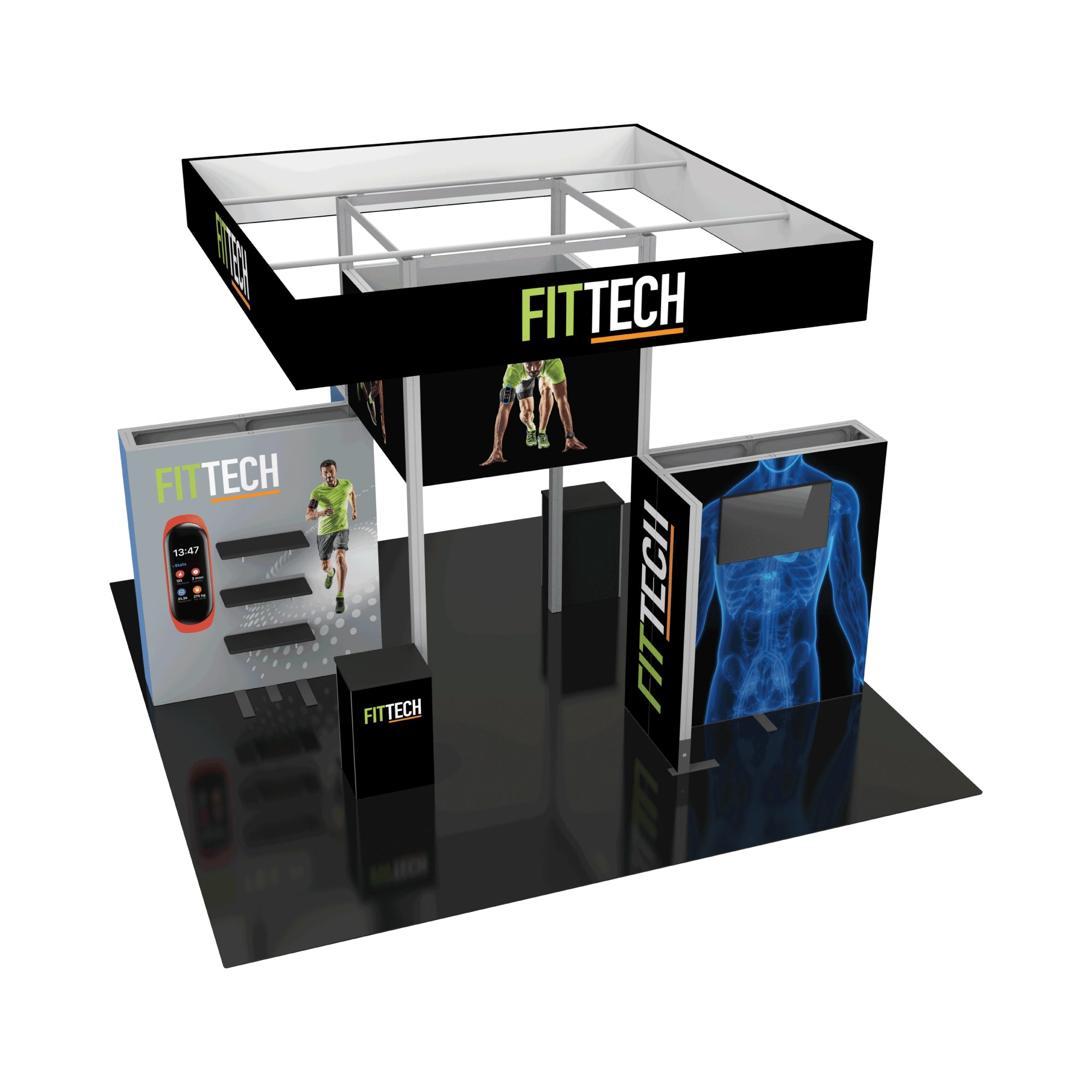 Modular trade show booth with FITTECH branding, large hanging sign, display shelves, and integrated monitor for exhibitions