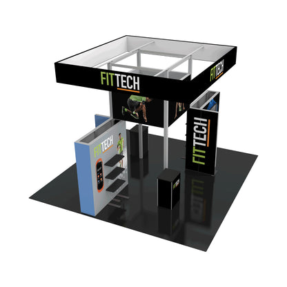 Modular trade show booth with branded panels, display shelves, and overhead frame for exhibitions and events