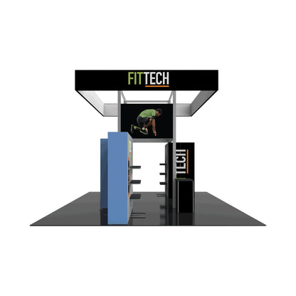 Trade show modular display booth with overhead branding and athlete graphic for exhibition use