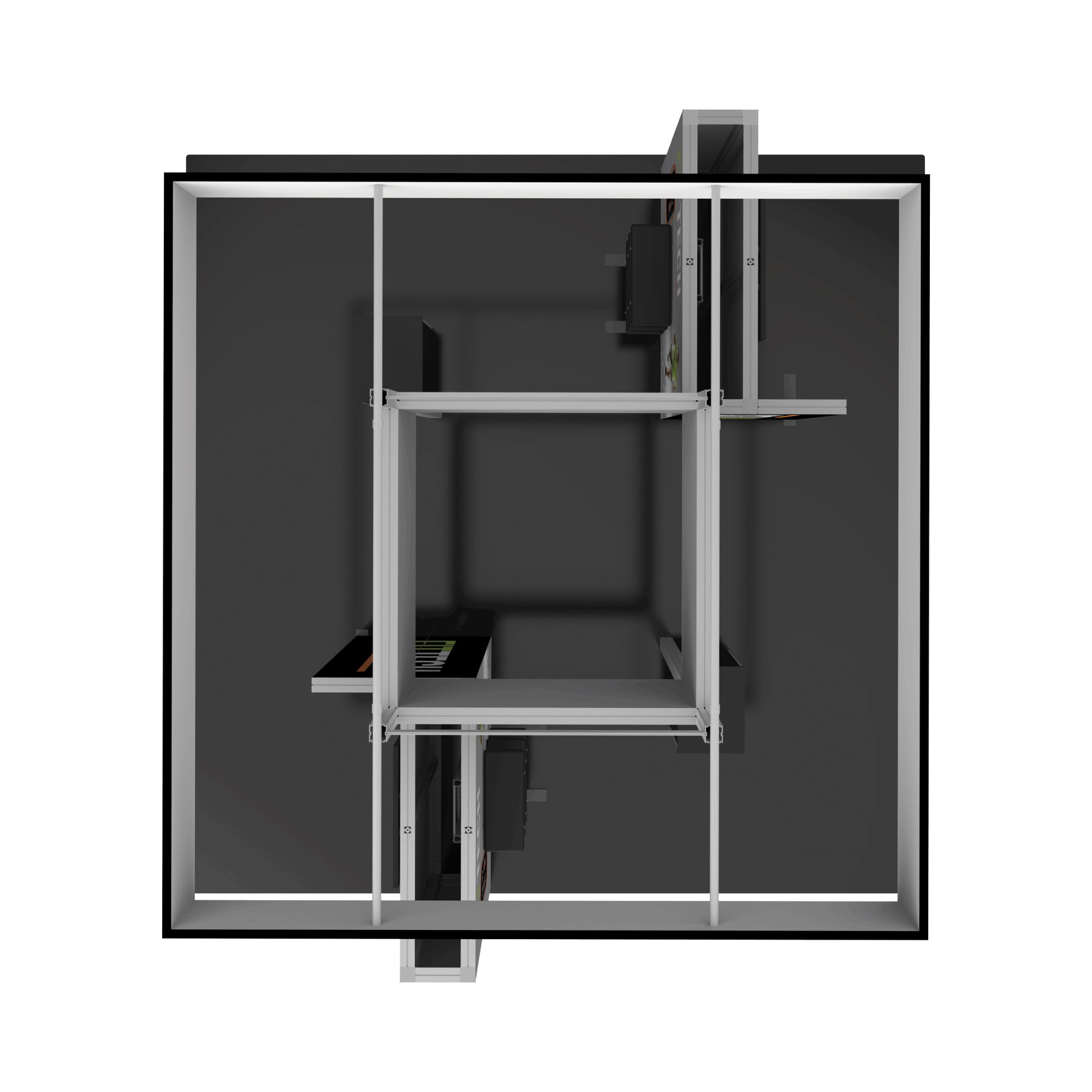 Top view of modular trade show booth with frame structure and display panels for exhibitions and events