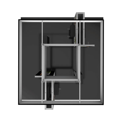 Top view of modular trade show booth with frame structure and display panels for exhibitions and events
