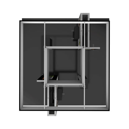 Top view of modular trade show booth with frame structure and display panels for exhibitions and events