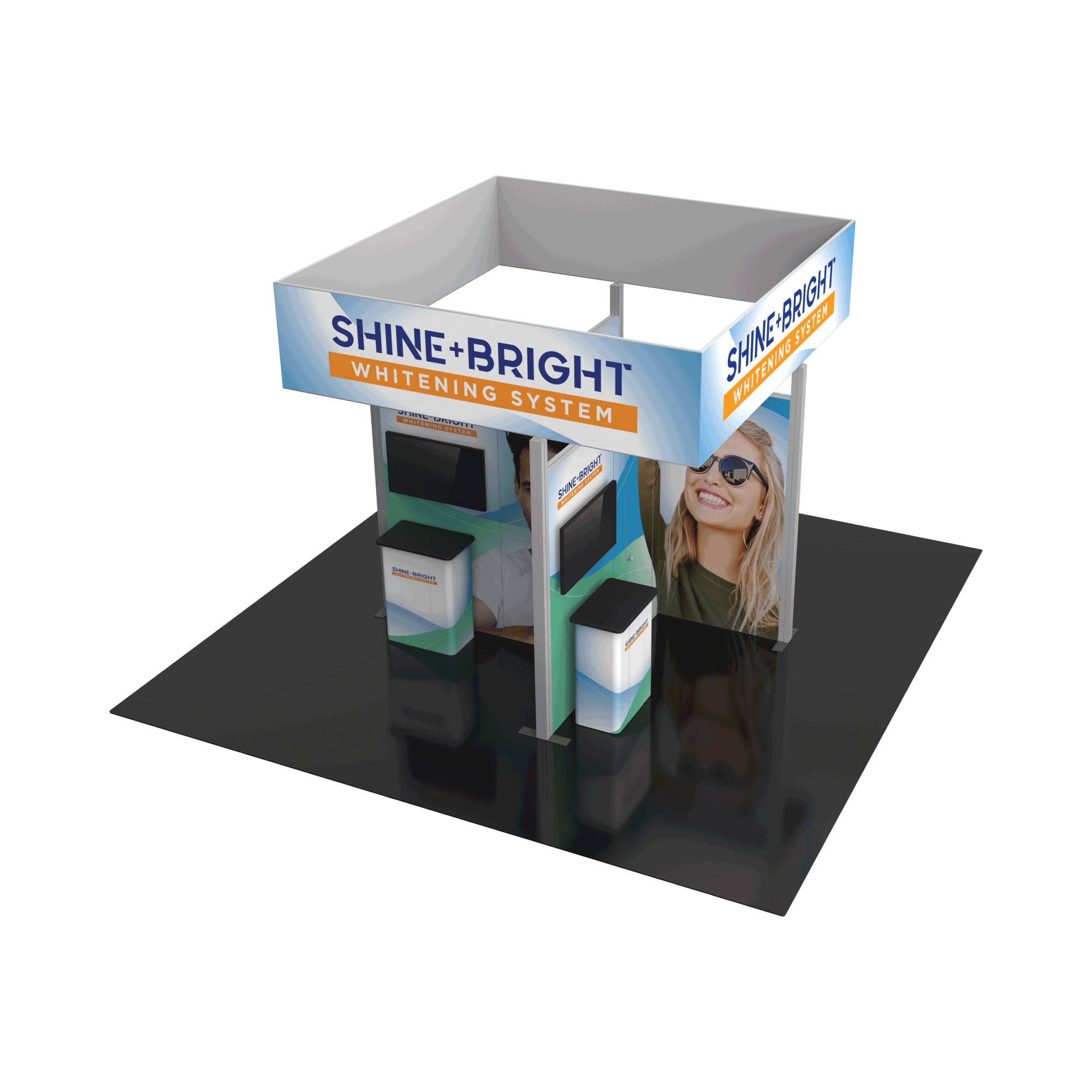 Modular trade show booth with Shine+Bright Whitening System branding, display screens, and counters for exhibitions
