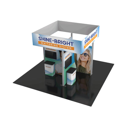 Modular trade show booth with Shine+Bright Whitening System branding, display screens, and counters for exhibitions