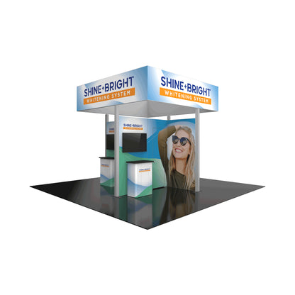 Trade show modular booth display with branded signage and counter for Shine Bright Whitening System