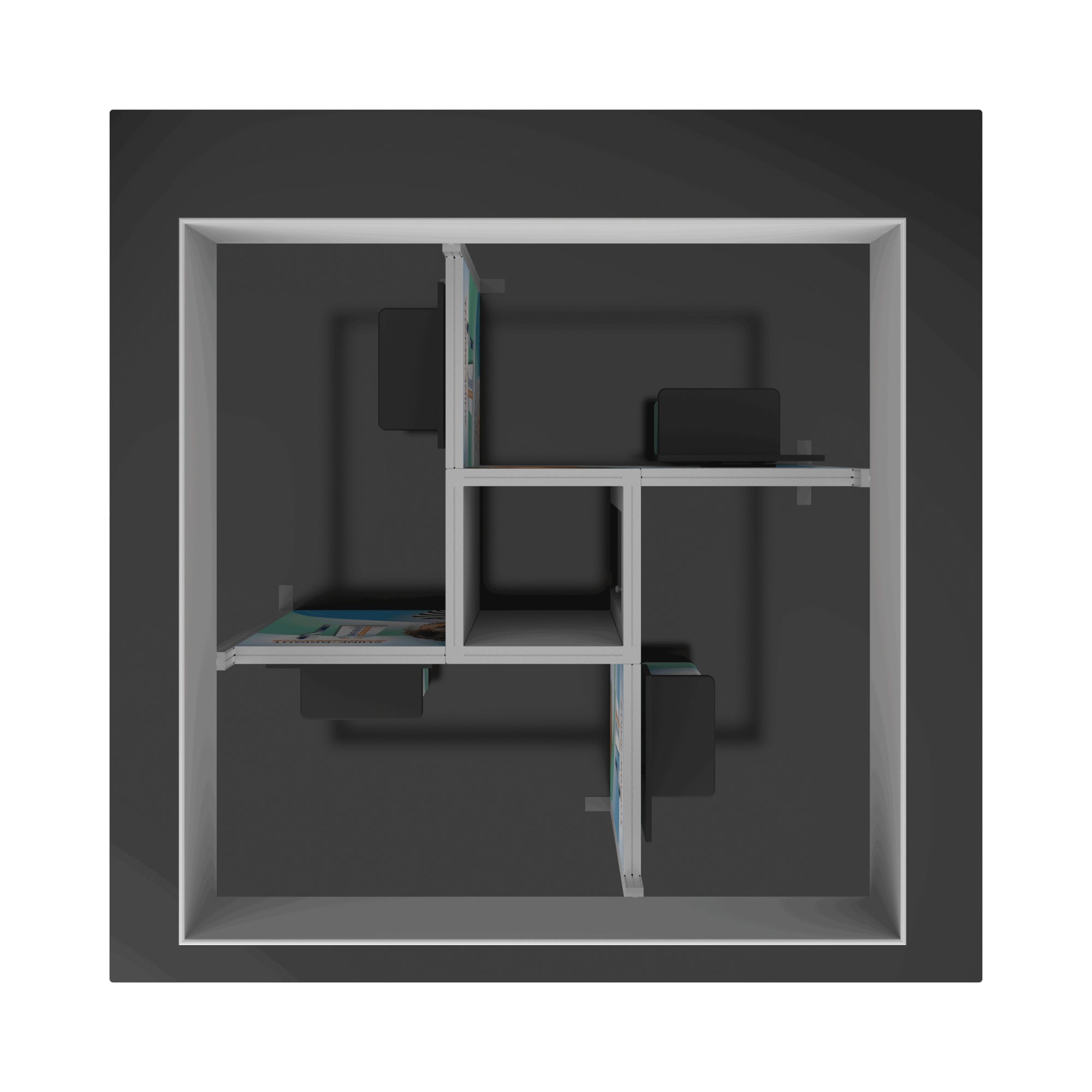 Top view of modular trade show booth with partitioned display panels and workstations for exhibitions