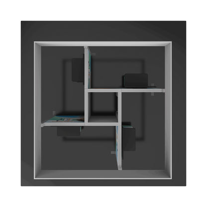 Top view of modular trade show booth with partitioned display panels and workstations for exhibitions