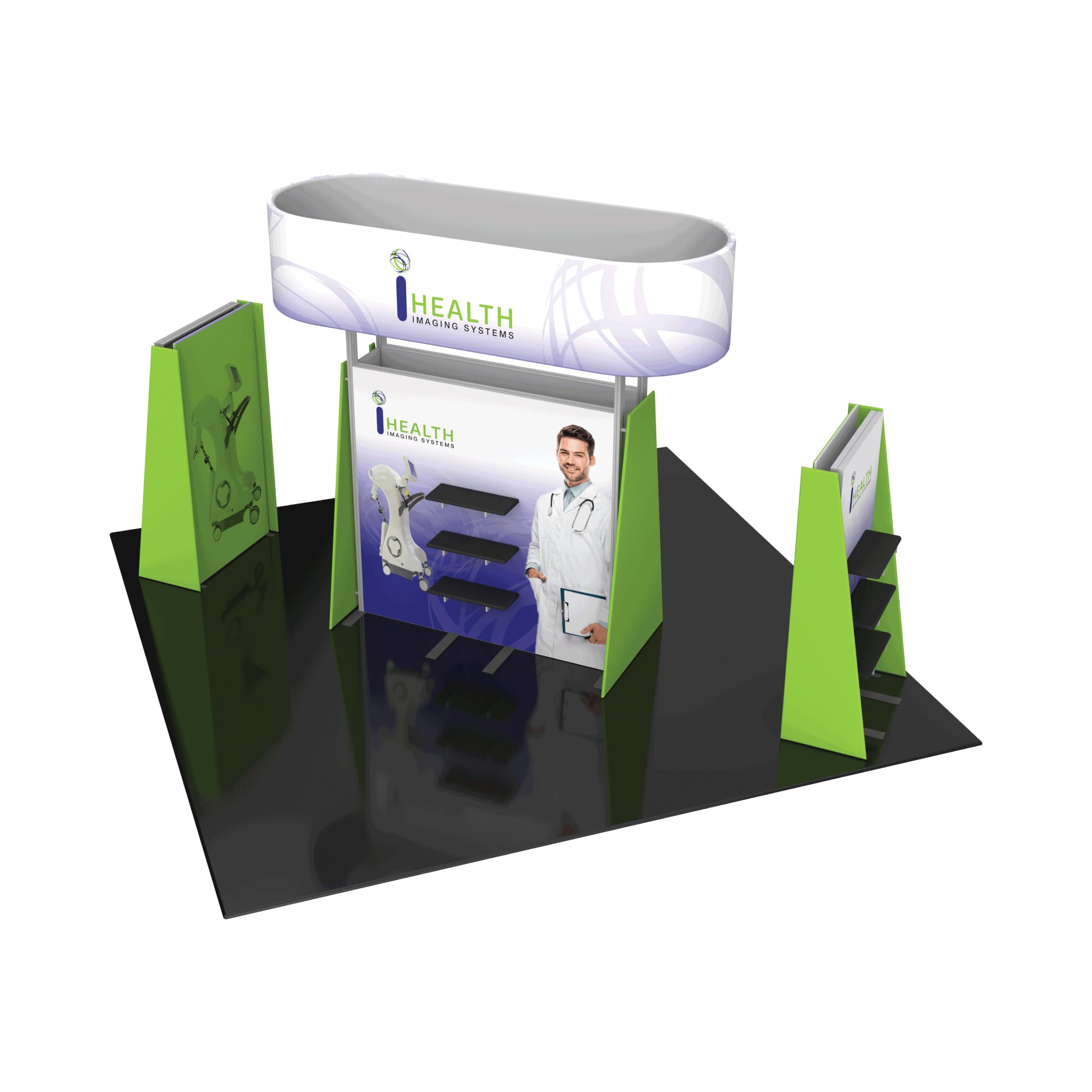 Modular trade show display booth with branded graphics, shelving, and promotional panels for exhibitions and special events
