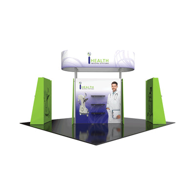 Modular trade show booth with curved overhead display and branding for health imaging systems