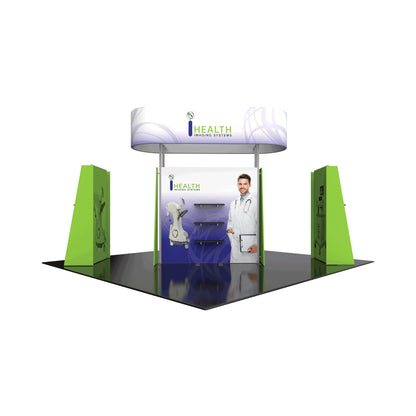 Modular trade show booth with curved overhead display and branding for health imaging systems