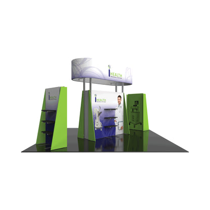 Modular trade show booth with branded panels and shelving for health imaging systems display