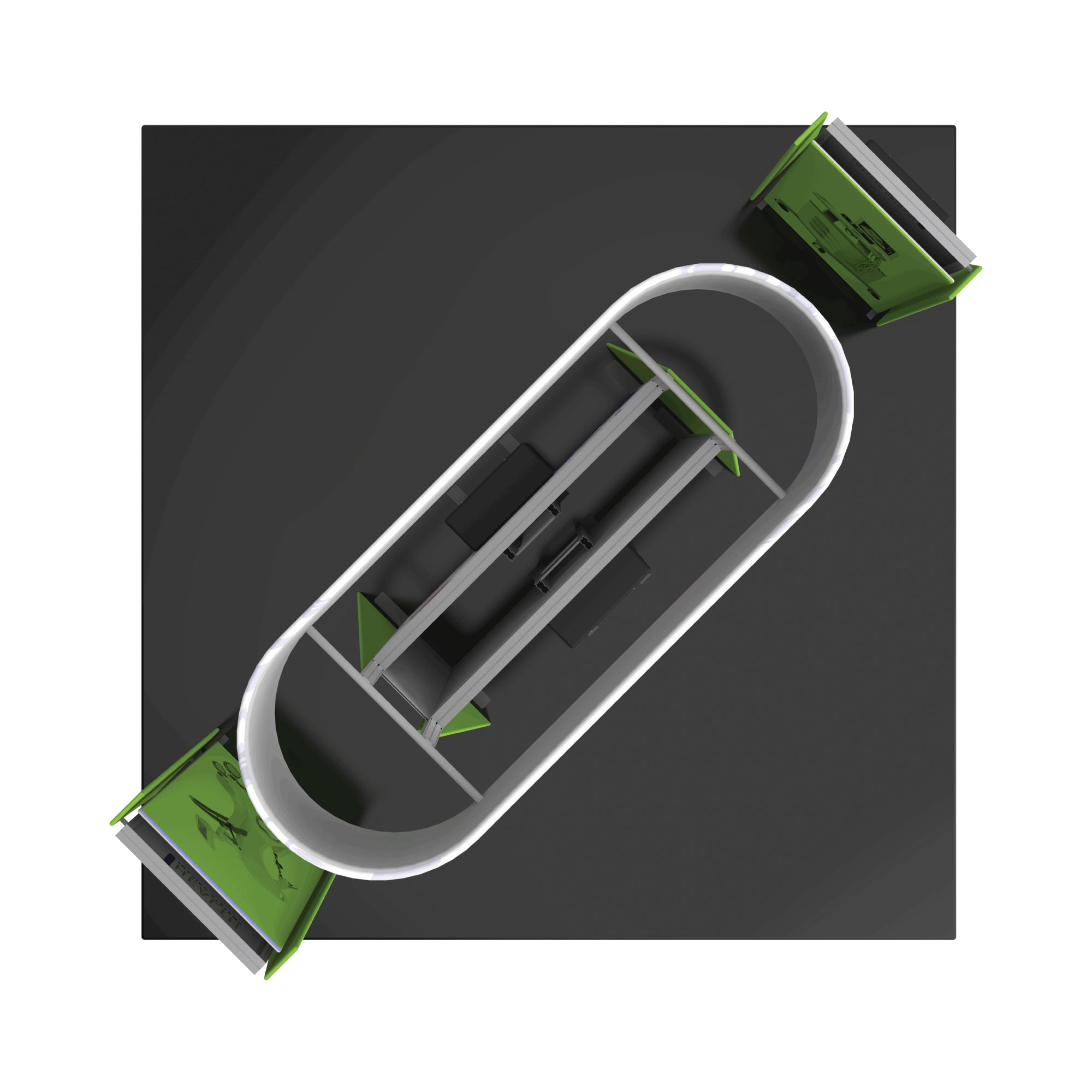 Top view of modular trade show booth with curved frame and display shelves for exhibitions