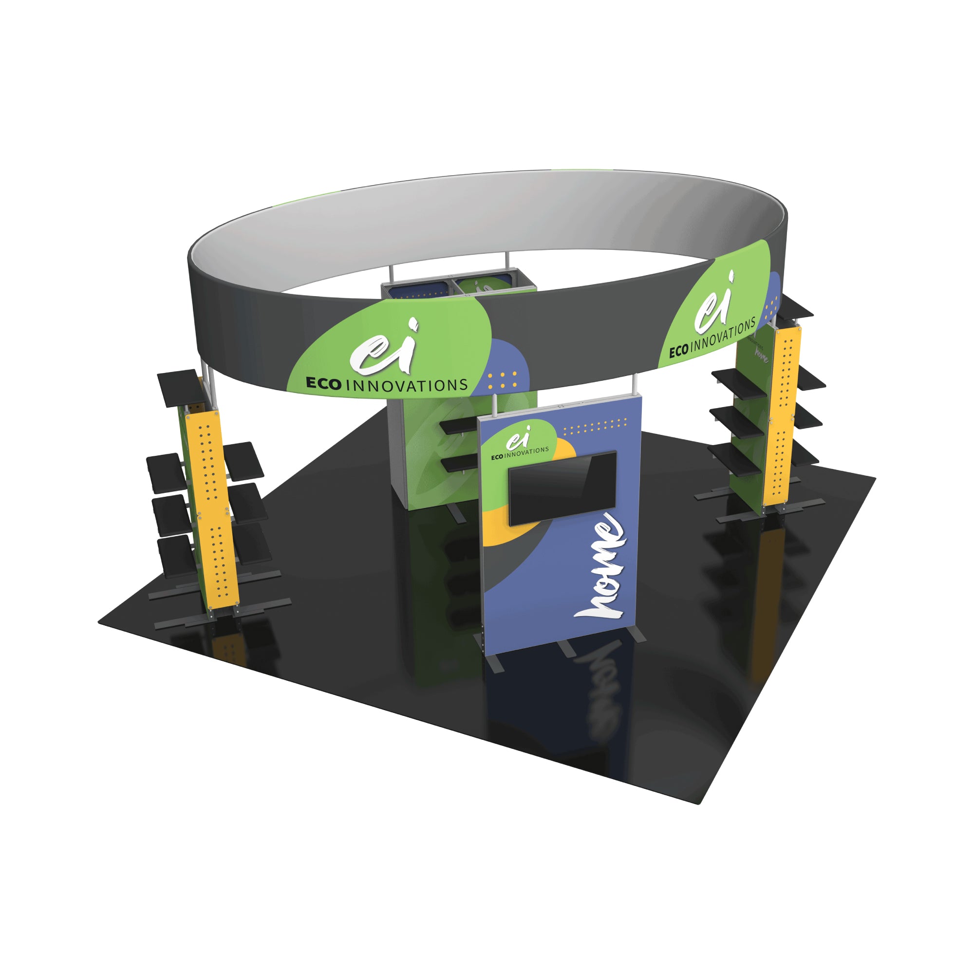 Modular trade show booth with overhead circular banner, display screens, and shelving for exhibitions