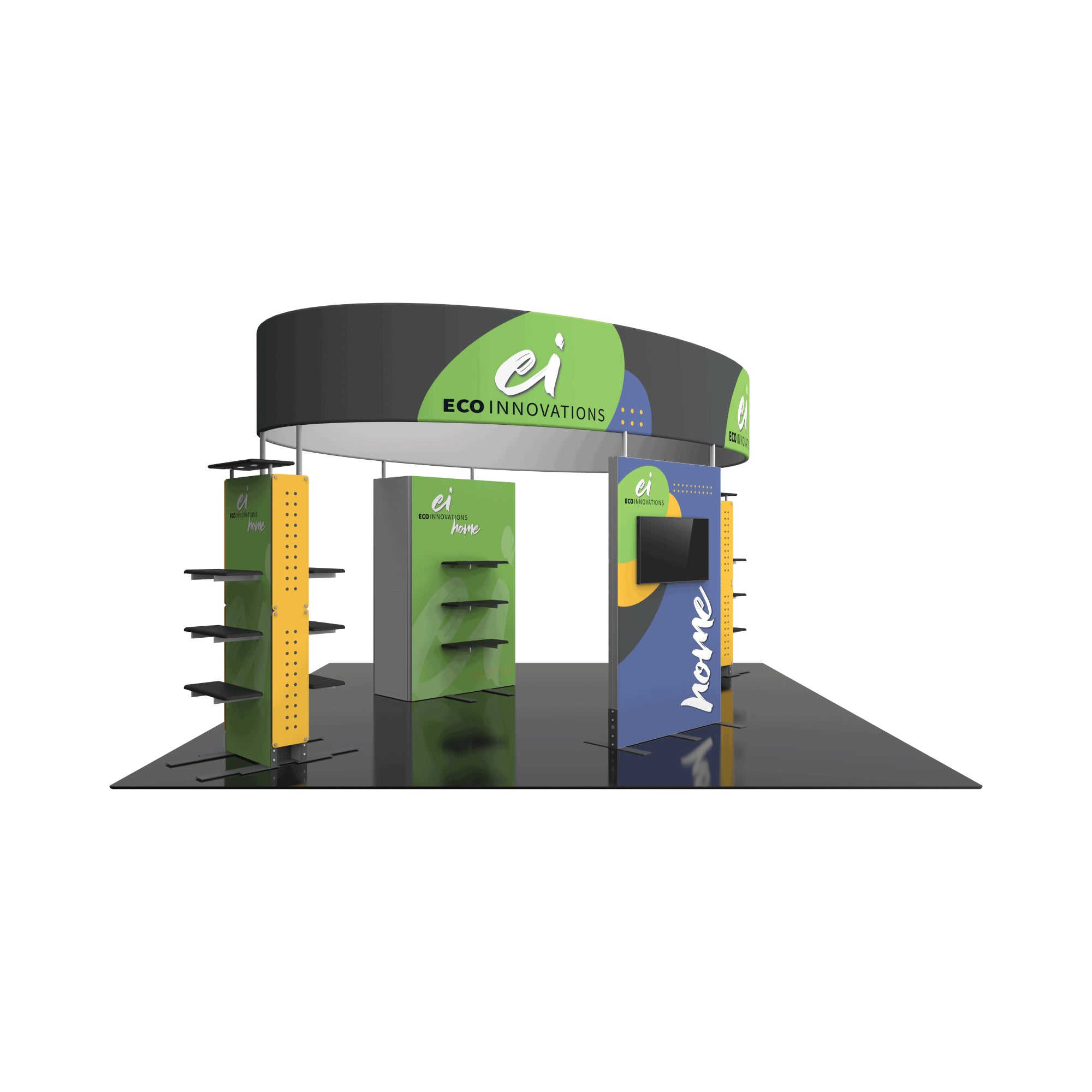 Modular trade show booth display with branded panels, shelving, and a mounted screen for exhibitions