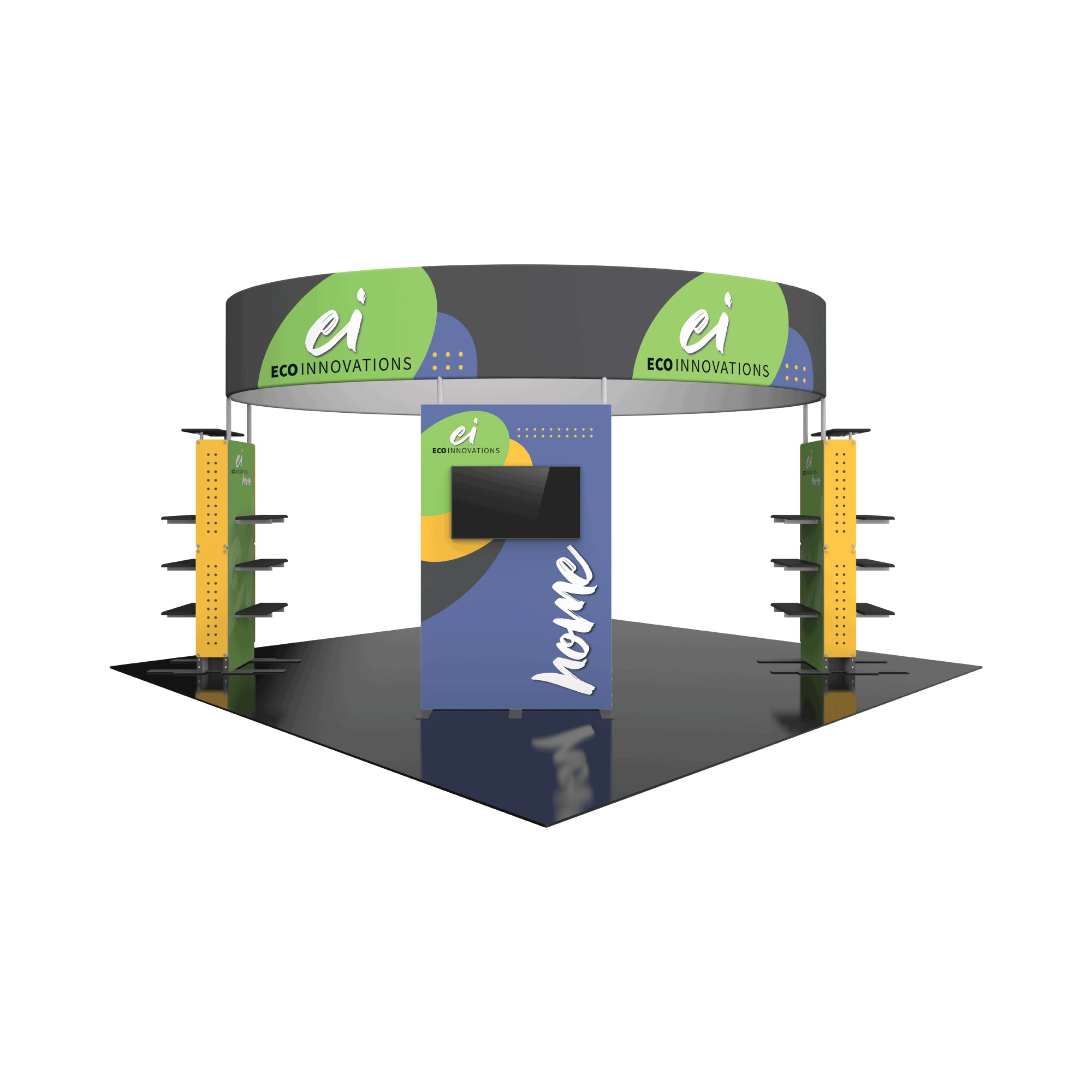 Modular trade show booth with branded panels, display screen, and shelving for exhibitions and events