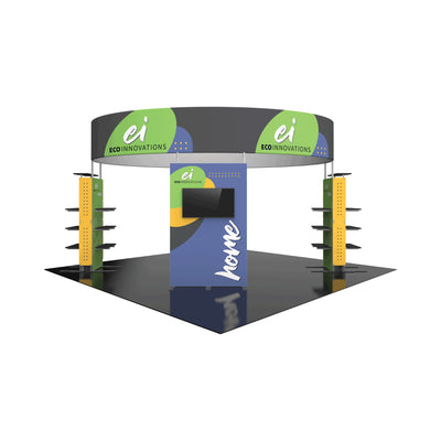 Modular trade show booth with branded panels, display screen, and shelving for exhibitions and events