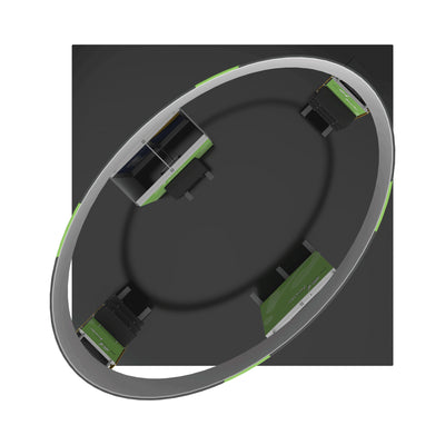 Top view of modular trade show display booth with curved overhead frame and multiple stations for exhibitions