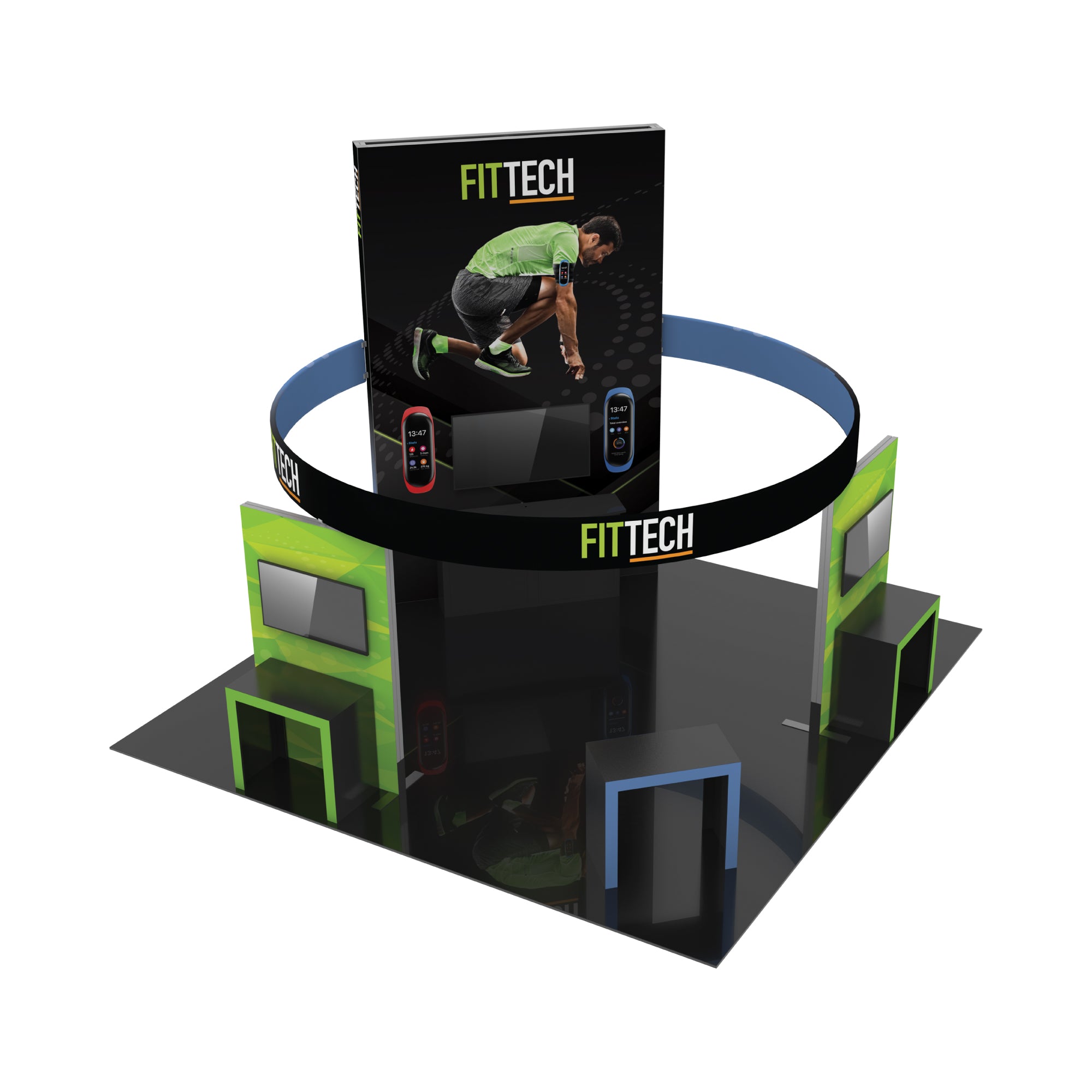 Modular trade show booth for FitTech with large graphics, TV screens, and overhead circular hanging banner