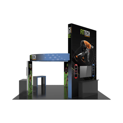 Modular trade show display booth featuring FITTECH branding and fitness product visuals for exhibitions
