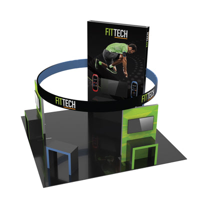 Modular trade show booth with large graphic panel and circular overhead banner for exhibitions and events