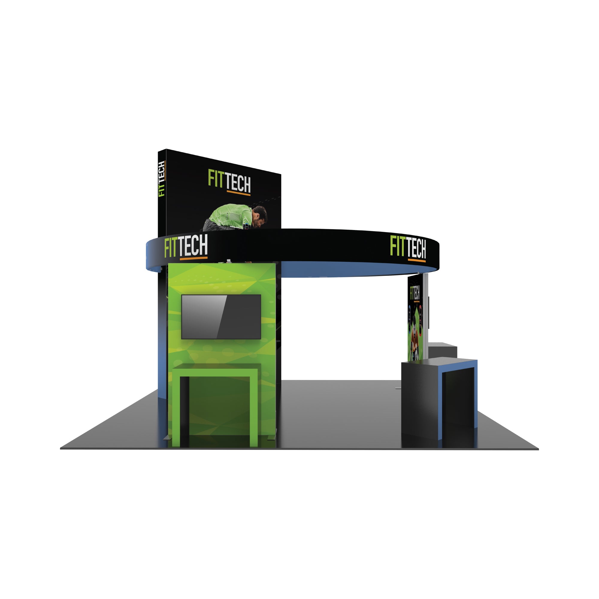 Modular trade show booth with large branding display, TV screen, and counters for exhibitions