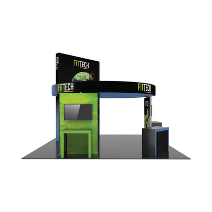 Modular trade show booth with large branding display, TV screen, and counters for exhibitions