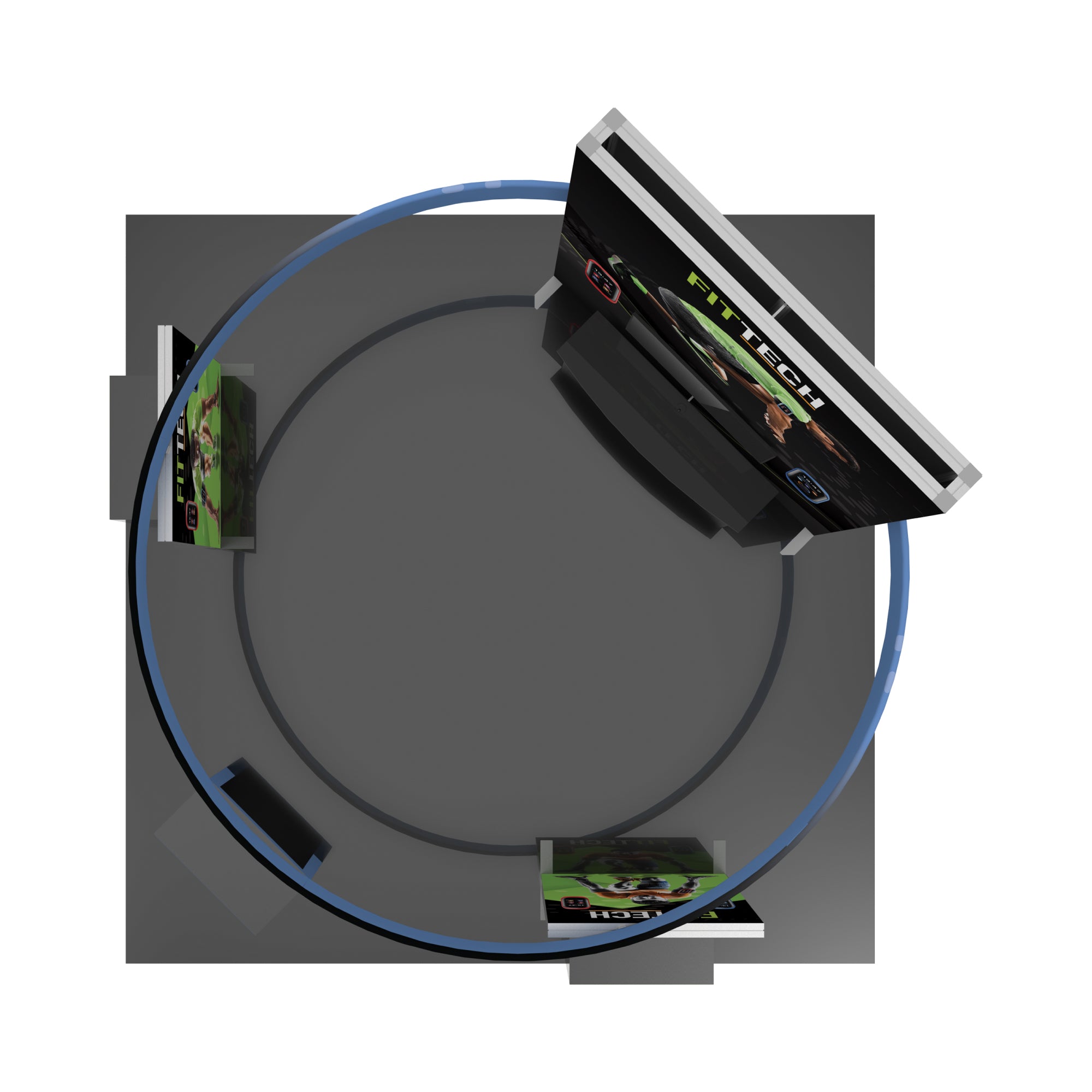 Top view of modular trade show booth with large and small branded displays in circular layout for exhibitions