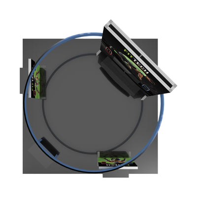 Top view of modular trade show booth with large and small branded displays in circular layout for exhibitions