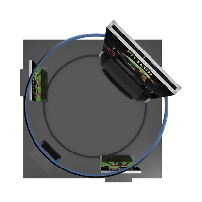 Top view of modular trade show booth with large and small branded displays in circular layout for exhibitions