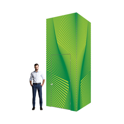 Modular trade show booth enclosure with door, showcasing custom graphic design for exhibitions and events