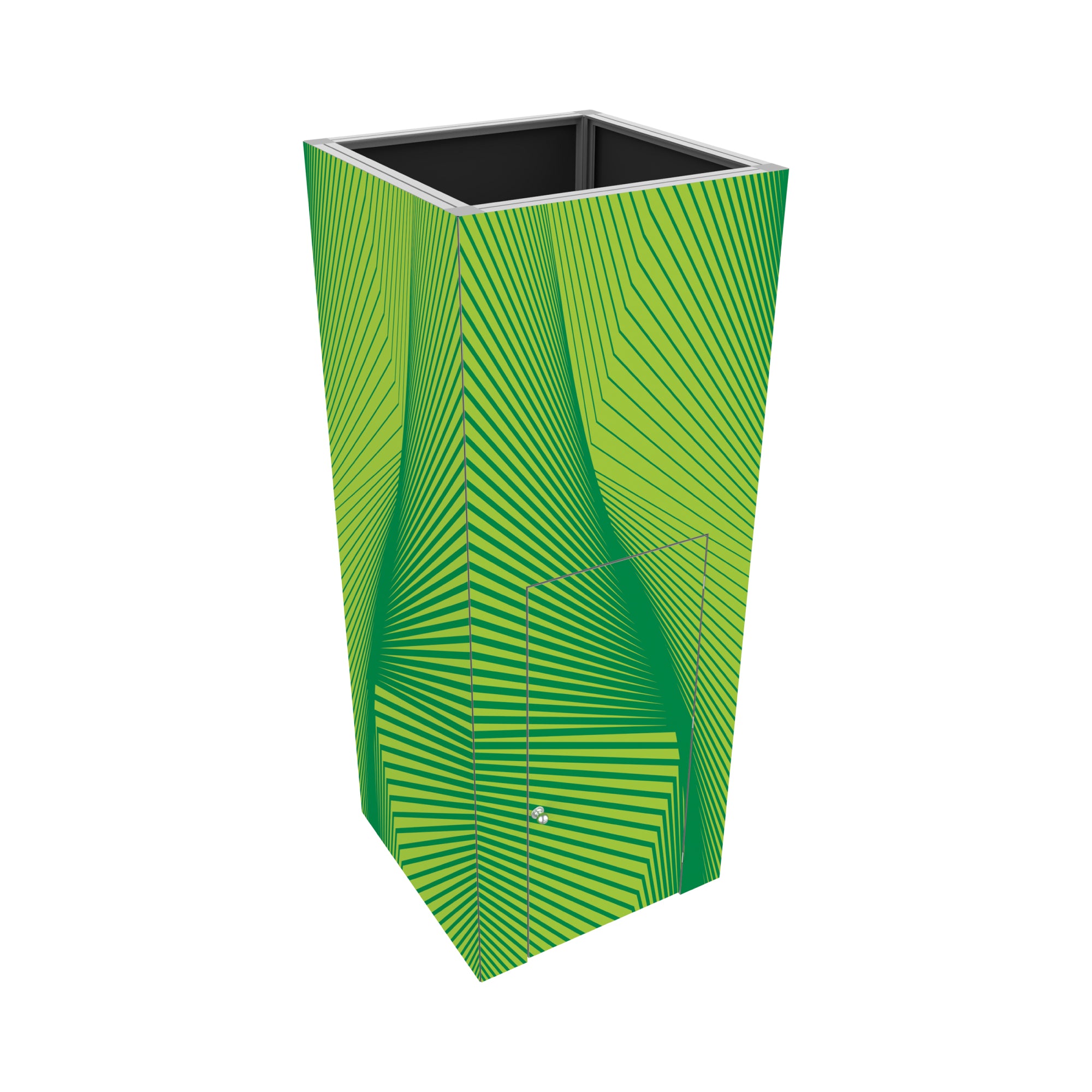 Modular trade show kiosk with graphic panels and storage compartment for exhibitions and events