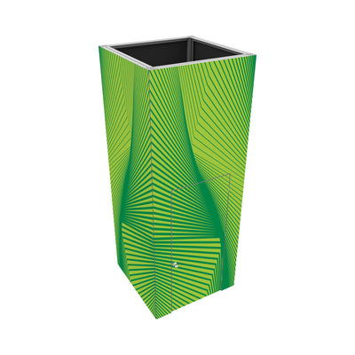 Modular trade show kiosk with graphic panels and storage compartment for exhibitions and events