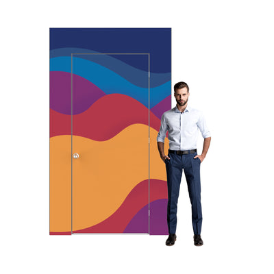 Modular wall panel with door and abstract design, ideal for trade show or exhibition booths