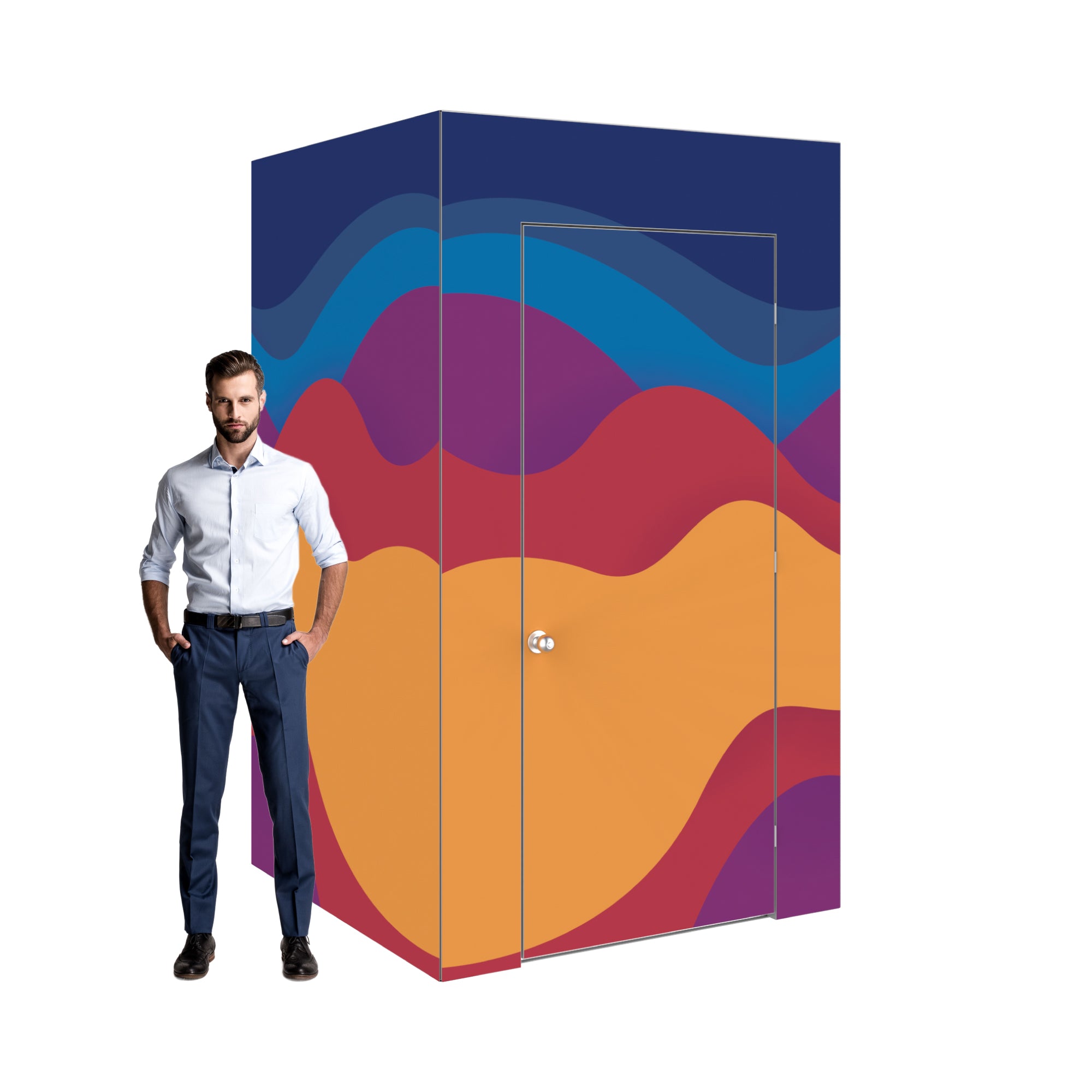 Modular trade show booth with decorative wave pattern and closed door beside standing man