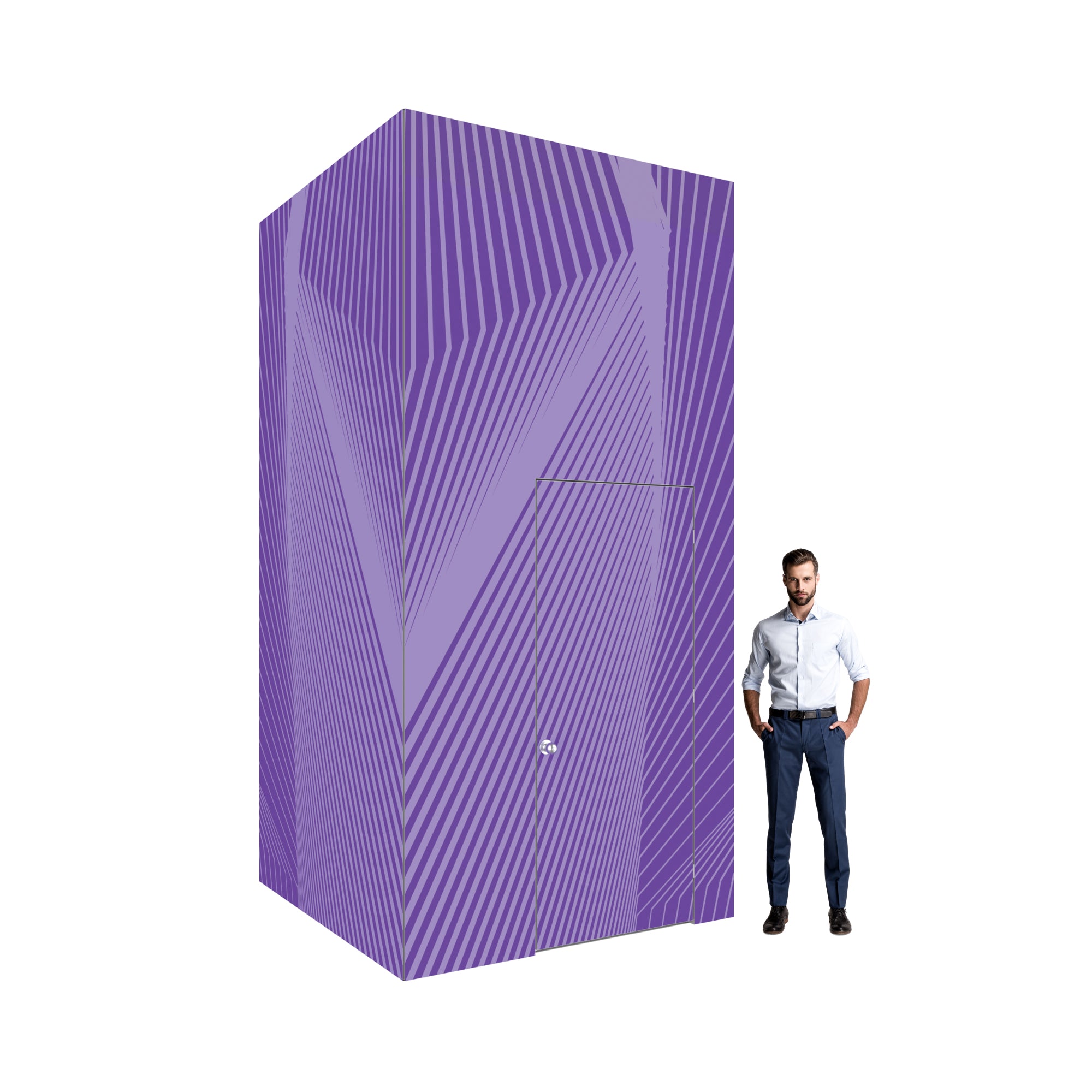 Modular enclosed booth with door and geometric pattern, ideal for trade shows and exhibitions