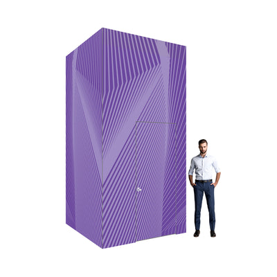 Modular enclosed booth with door and geometric pattern, ideal for trade shows and exhibitions