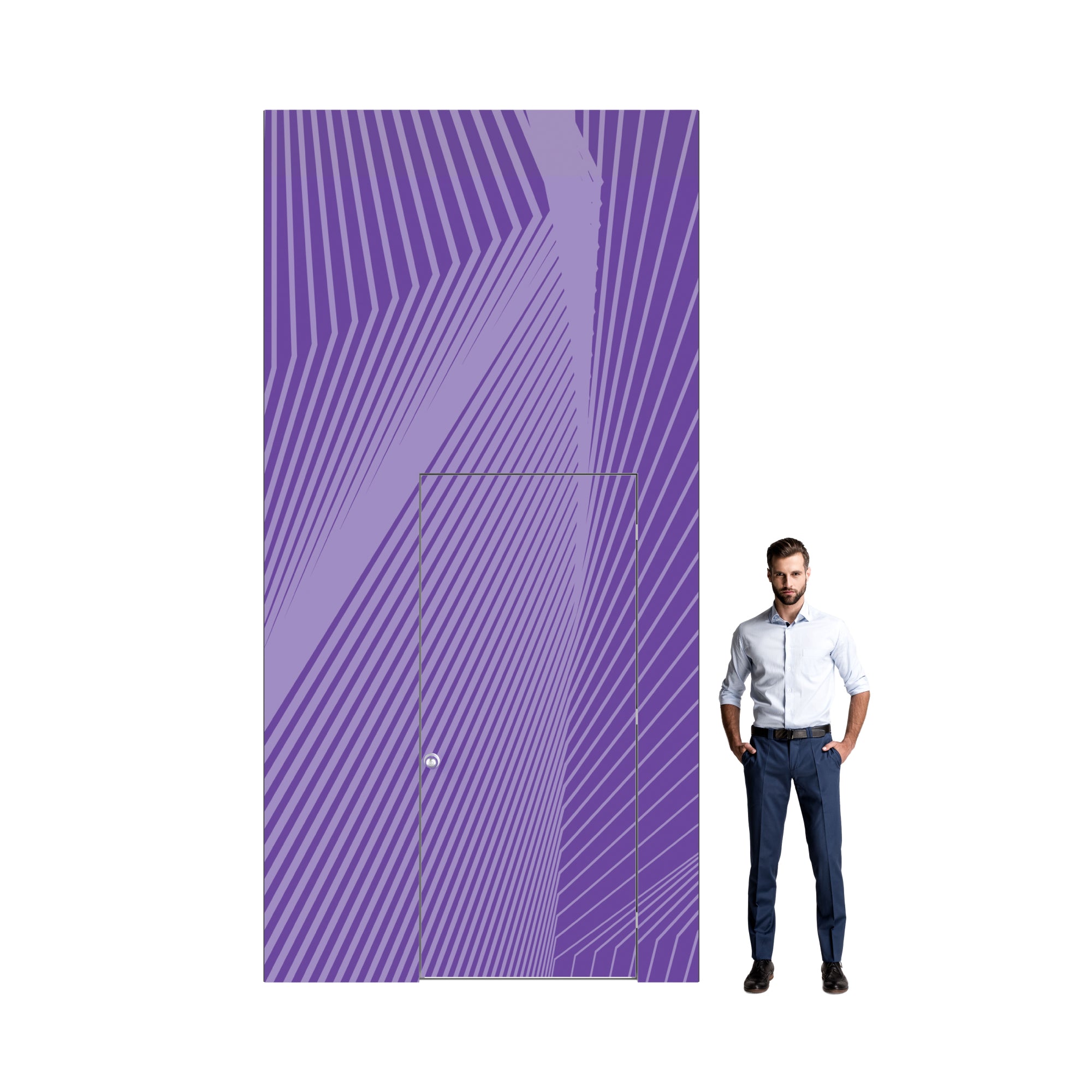 Modular wall panel with geometric pattern and integrated door, ideal for trade show and exhibition booths